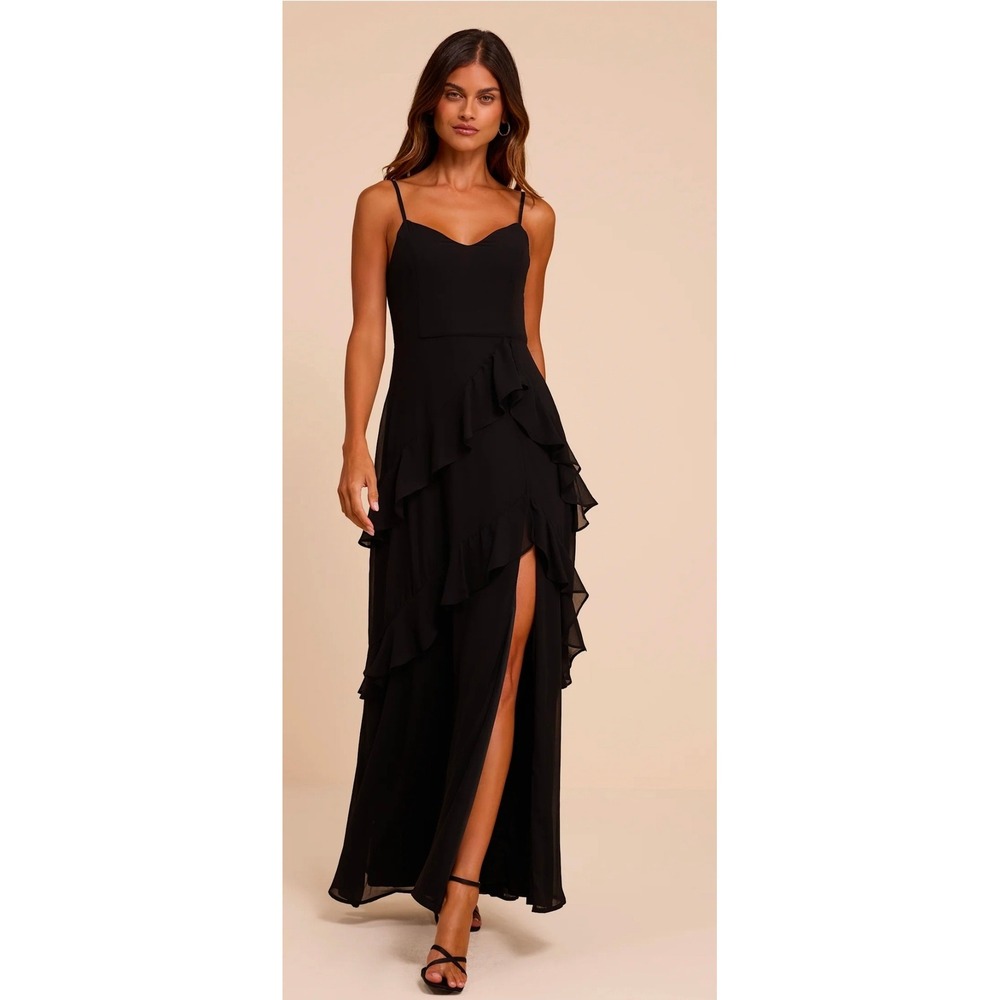 Lulus Blessed With Beauty Black Ruffled Sleeveless Maxi Dress Large Womens FLAW